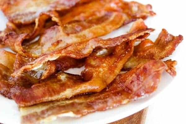 Closeup of Air Fryer Bacon on a white plate