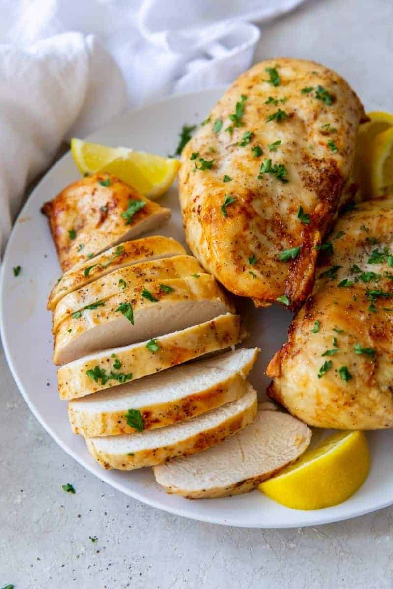 Plated Air Fryer Boneless Chicken on a white plate