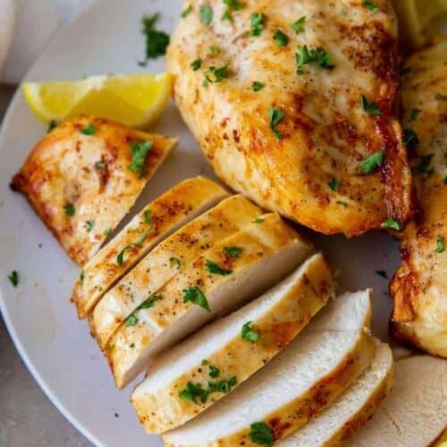 Air Fryer Chicken Breast on a white plate