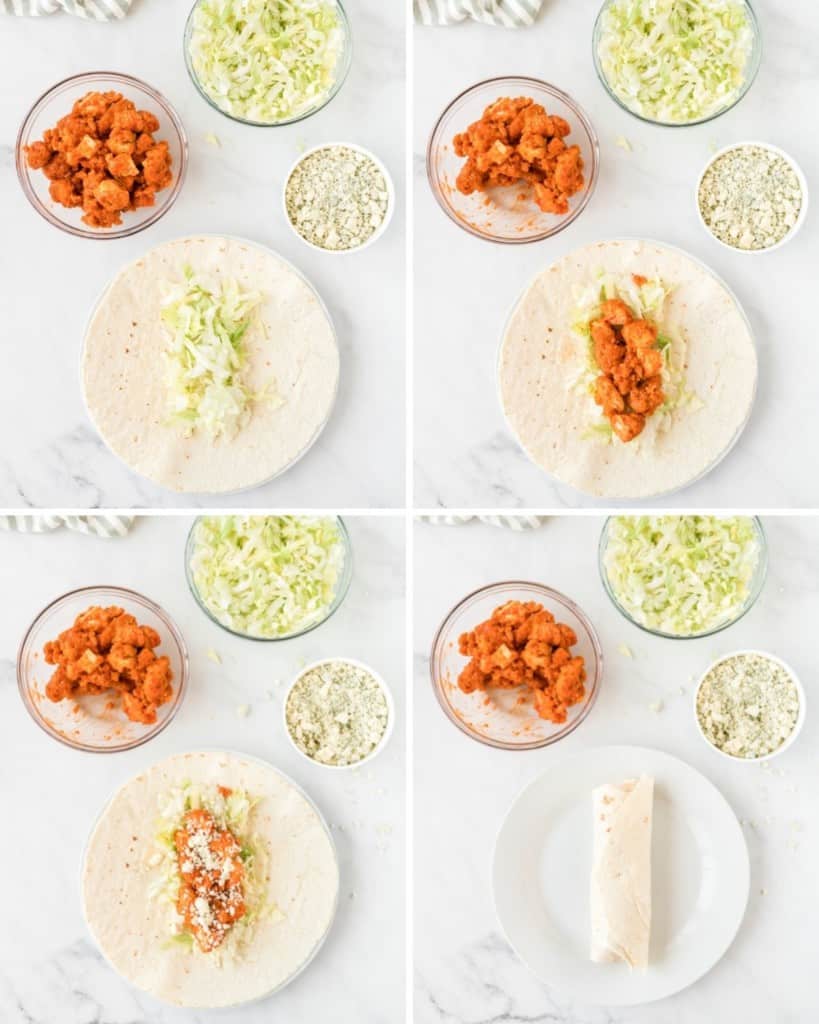 Open tortilla with buffalo chicken, blue cheese, and lettuce