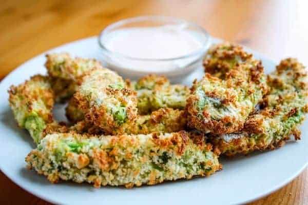 Avocado Fries with Sriracha-Ranch Sauce on a white plate