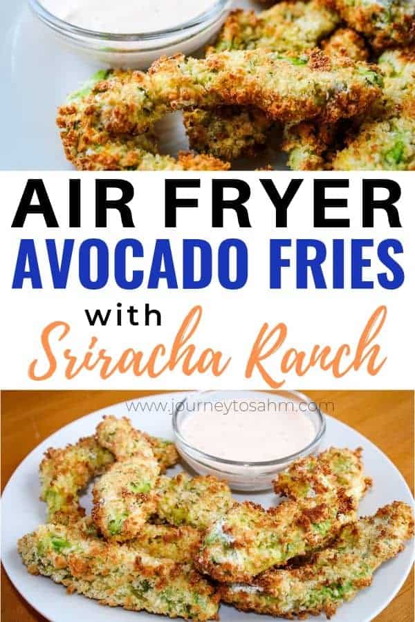 Titled photo and show: Air Fryer Avocado Fries with Sriracha Ranch on white plate