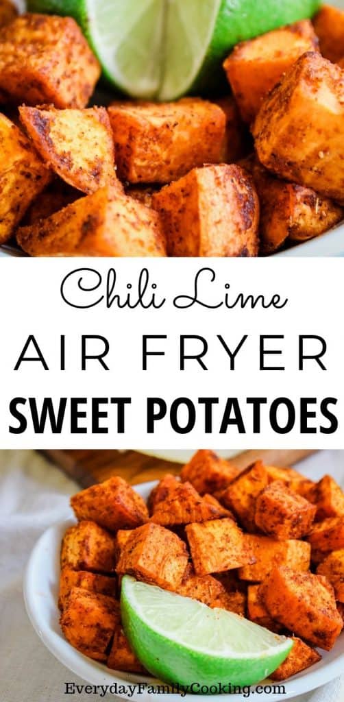 Title and Shown: Chili Lime Air Fryer Sweet Potatoes (mexican sweet potatoes in a white bowl with a lime slice