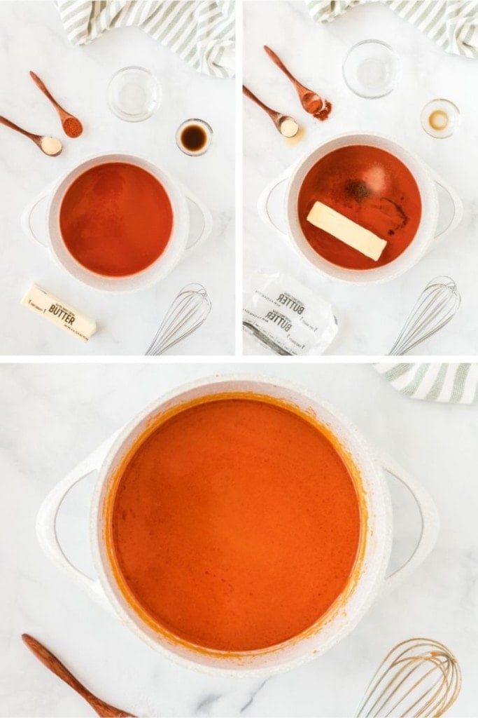 Collage of step by step photos of ingredients cooking in a small sauce pan