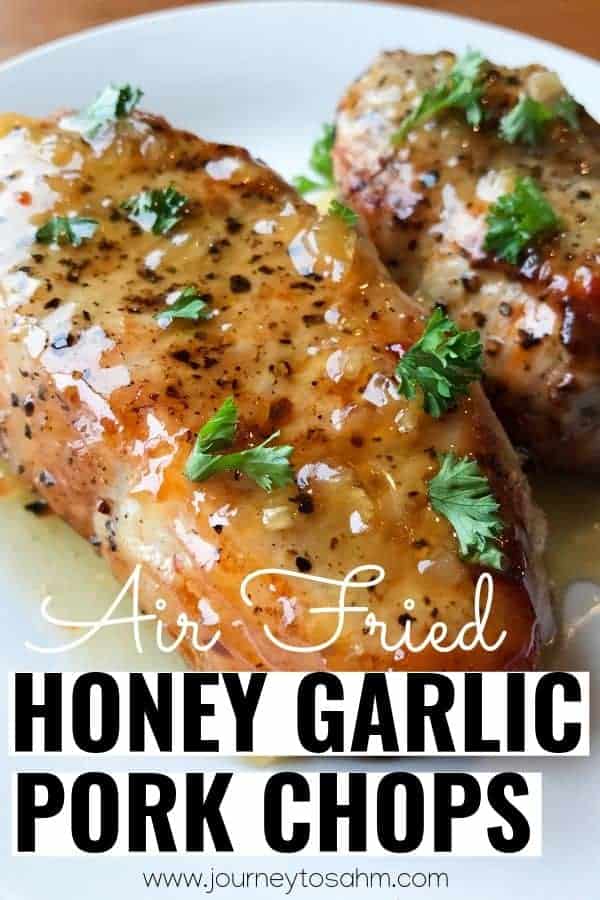 Titled Photo and Shown: Air Fried Honey Garlic Pork Chops (on a white plate)