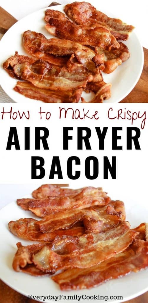 Title and Shown: How to Make Crispy Air Fryer Bacon (on a white plate)