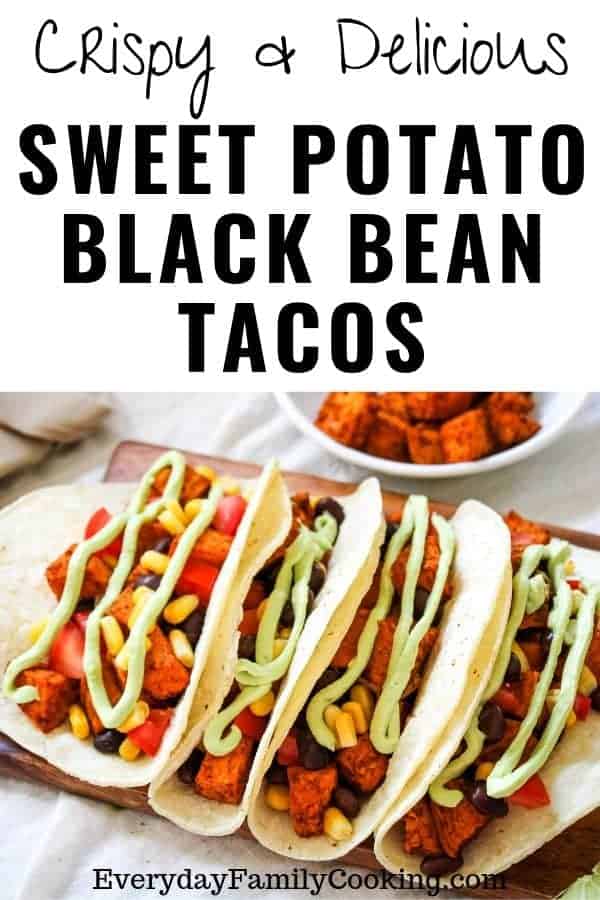 Title and Shown: Crispy and Delicious Sweet Potato Black Bean Tacos (on a small brown cutting board)