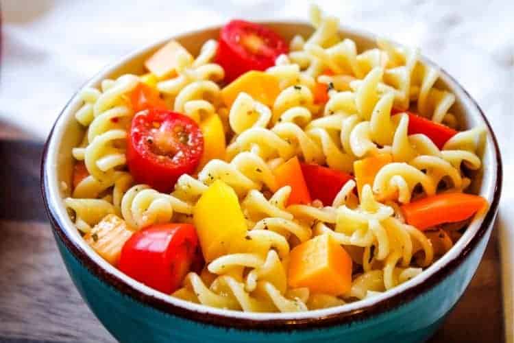 Summer Pasta Salad in a blue bowl