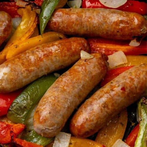 Italian sausage with peppers and onions cooked in an air fryer basket