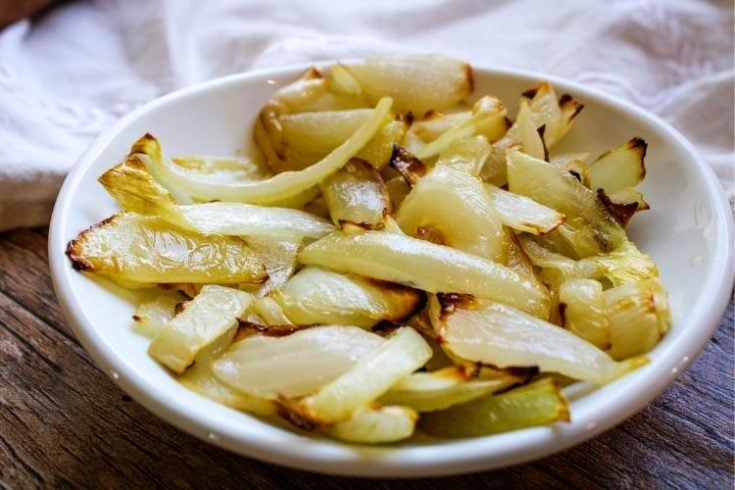 Air Fryer Sauteed Onions in a shallow white bowl
