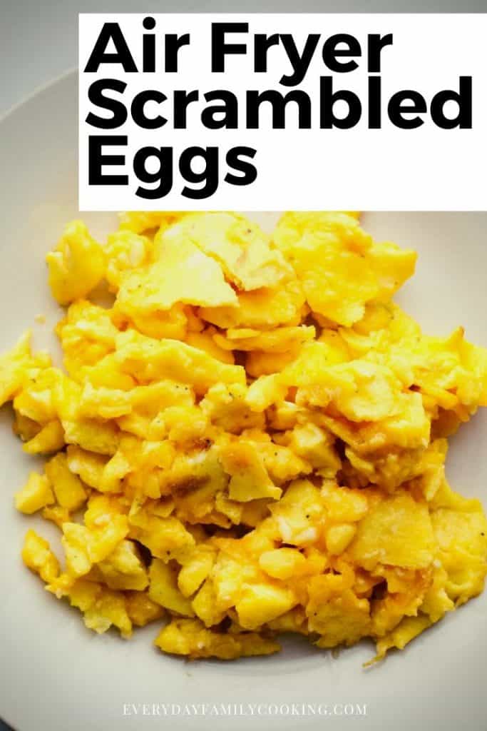 Title and Shown: Air Fryer Scrambled Eggs (on a white plate)