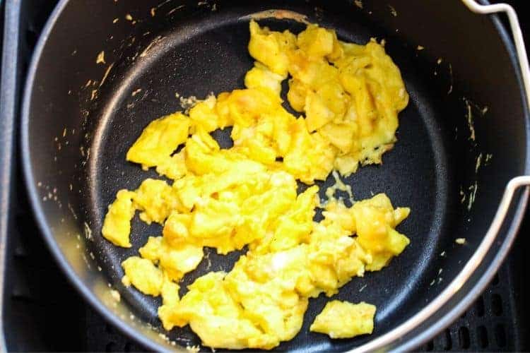 Cooked Scrambled Eggs inside air fryer
