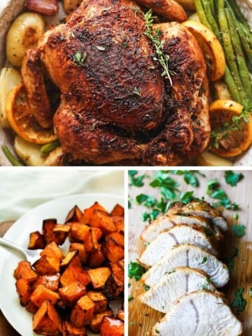 A collage of air fryer recipes (whole chicken on top, butternut squash on bottom left, and turkey tenderloin on bottom right)