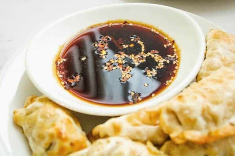 Closeup of Dumpling sauce in white bowl with sesame seeds in it