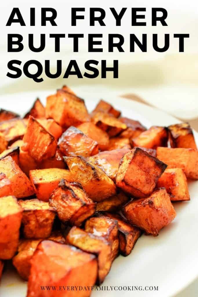 Title and Shown: Air Fryer Butternut Squash (on a white plate)
