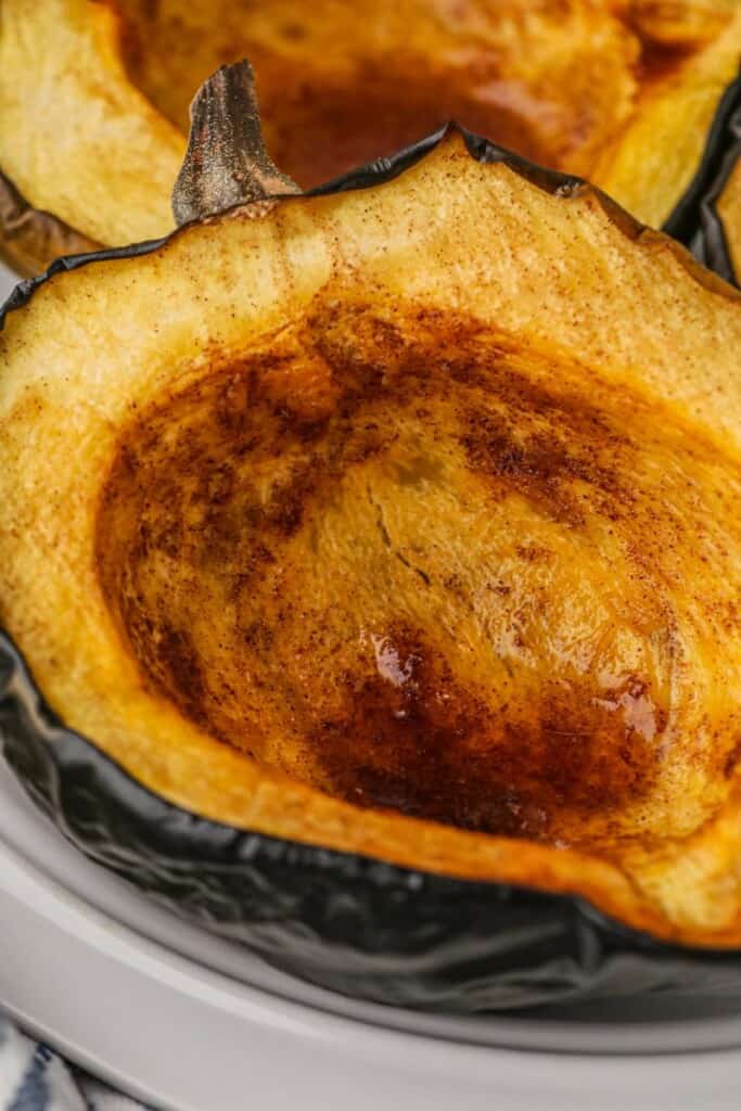 Closeup of roasted acorn squash halves