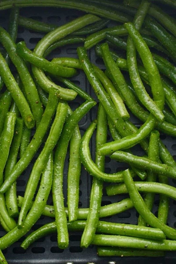 Closeup of Asian Air Fryer Green Beans on a white plate