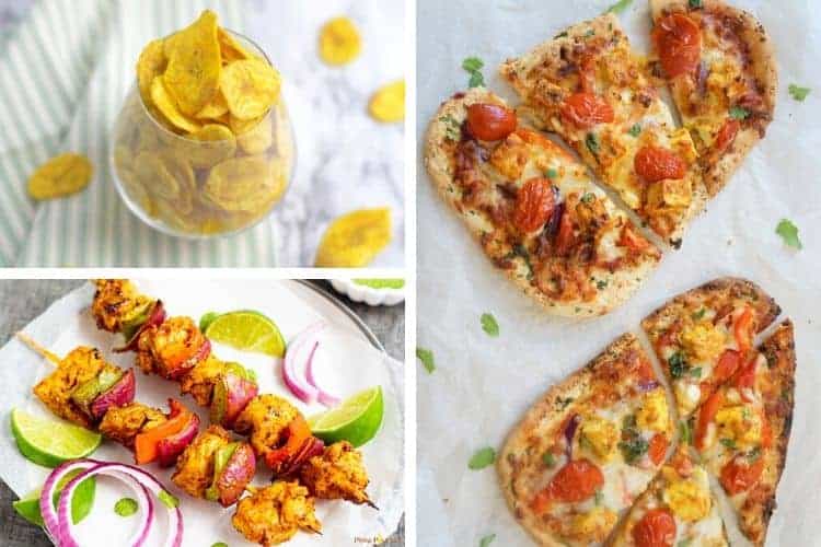 Collage of Air Fryer Indian Recipes (banana chips on top left, kabobs on bottom left, and naan on right)