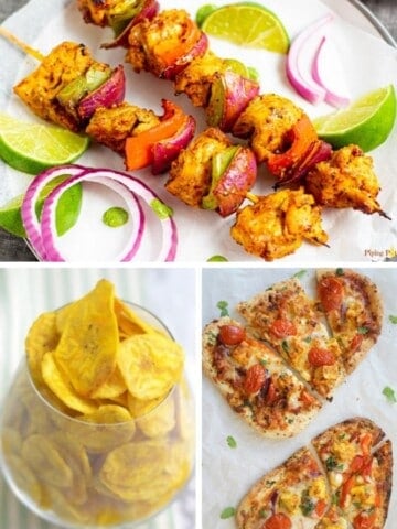 Collage of Air Fryer Indian Recipes (banana chips on bottom left, naan on bottom right, and kabobs on top)