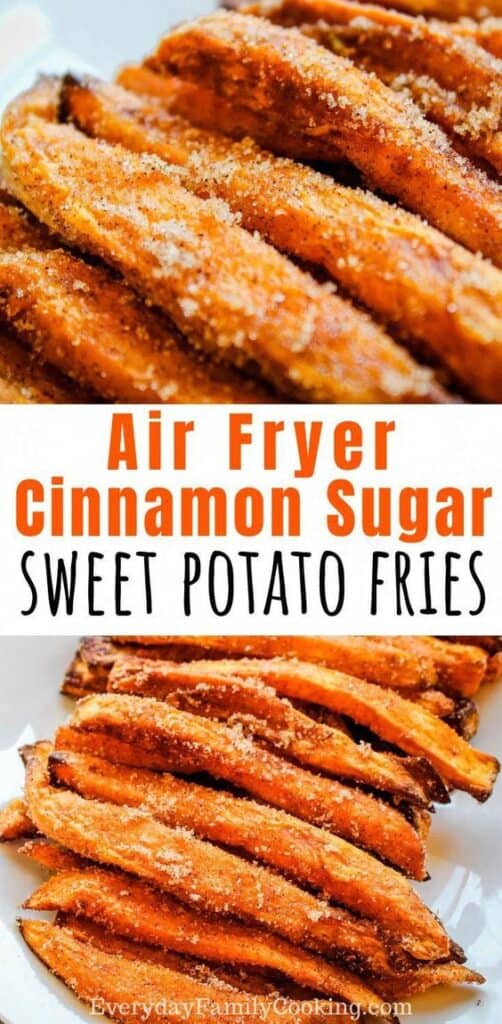 Title and Shown: Air Fryer Cinnamon Sugar Sweet Potato Fries (on a white plate)