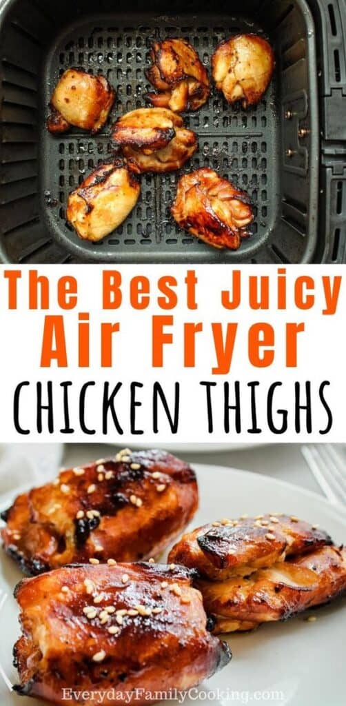 Title and Shown: The best juicy air fryer chicken thighs (in an air fryer and on a white plate)