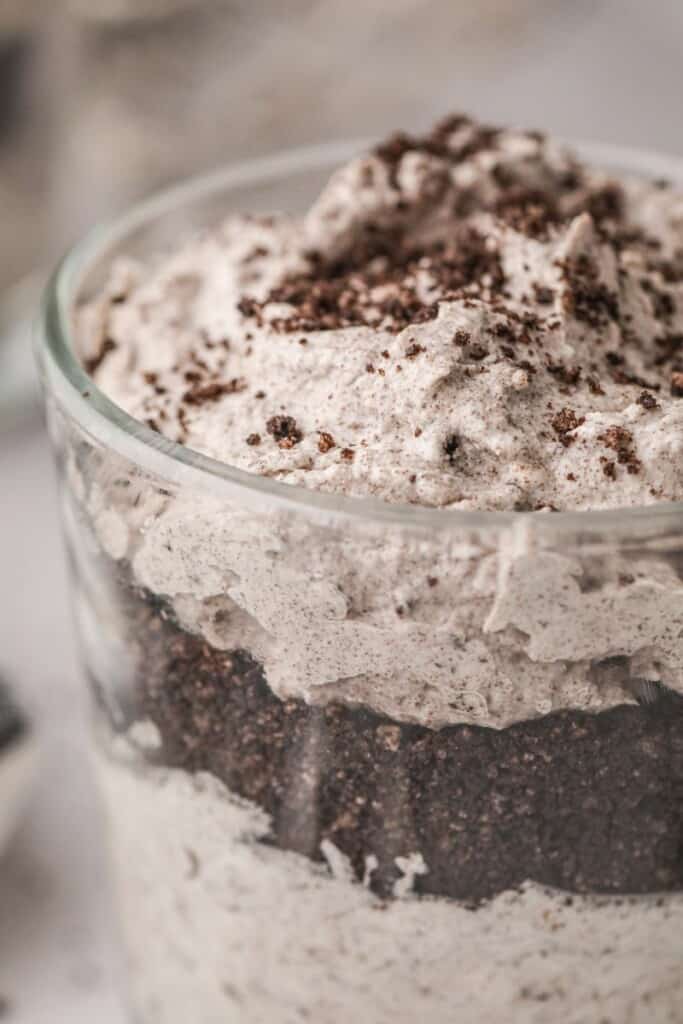 Closeup of oreo mousse in a glass bowl