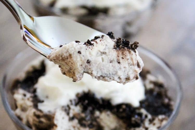 Closeup of Oreo Cheesecake Mousse on a spoon