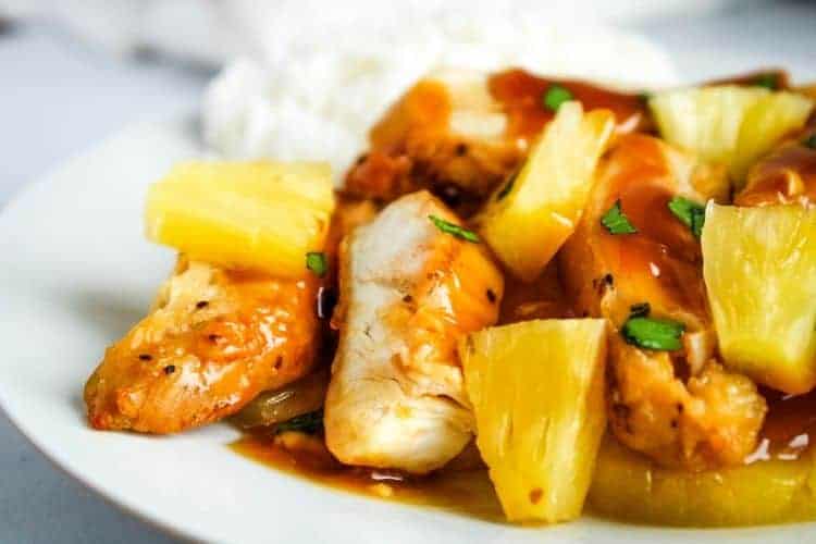 Air Fryer Pineapple Chicken closeup on a white plate