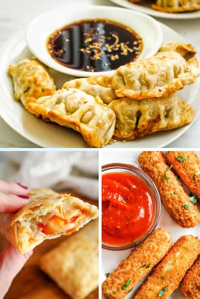 Frozen Air Fryer Food collage (dumplings on top, hot pockets on bottom left, and mozzarella sticks on bottom right)
