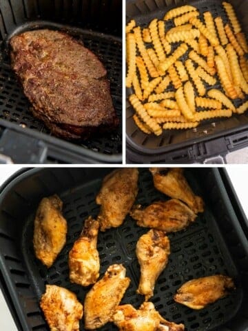 Collage of frozen air fryer foods (steak, fries, and chicken wings)