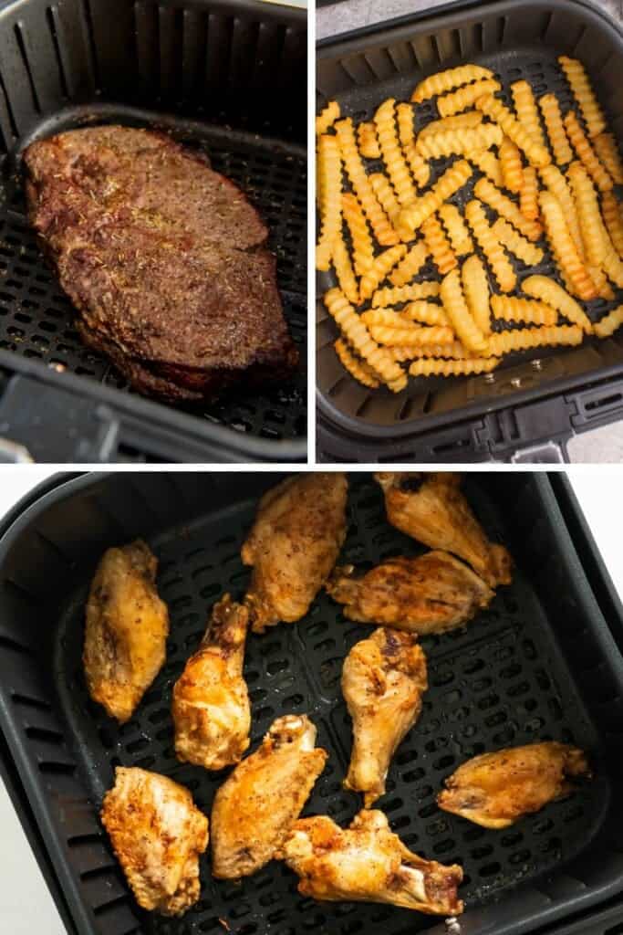 Collage of frozen air fryer foods (steak, fries, and chicken wings)