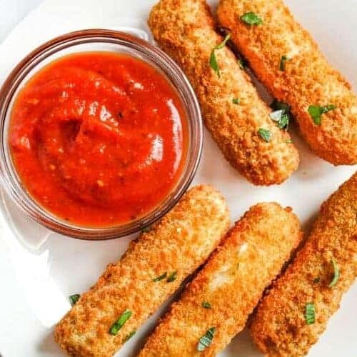 Over Top View of Mozzarella Sticks with Marinara Sauce