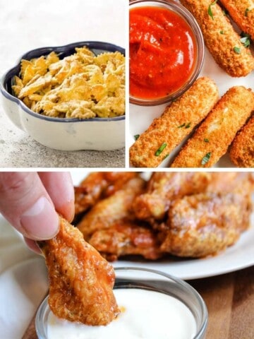 Air Fryer Appetizers Collage (bowtie pasta on top left, mozzarella sticks on top right, buffalo chicken wings on bottom)