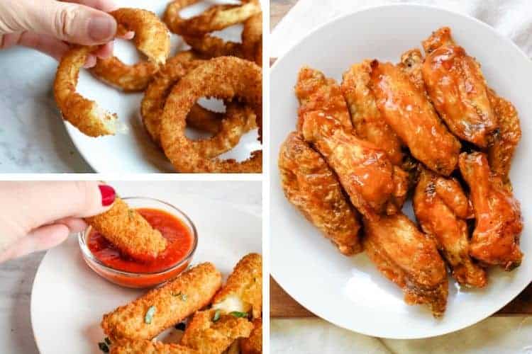 Collage of pictures (onion rings on top right, mozzarella sticks on bottom left, and chicken wings on right)