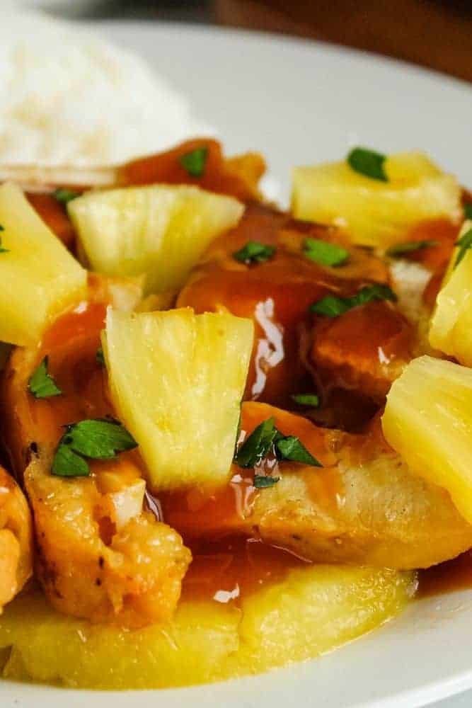 Air Fryer Pineapple Chicken on a white plate