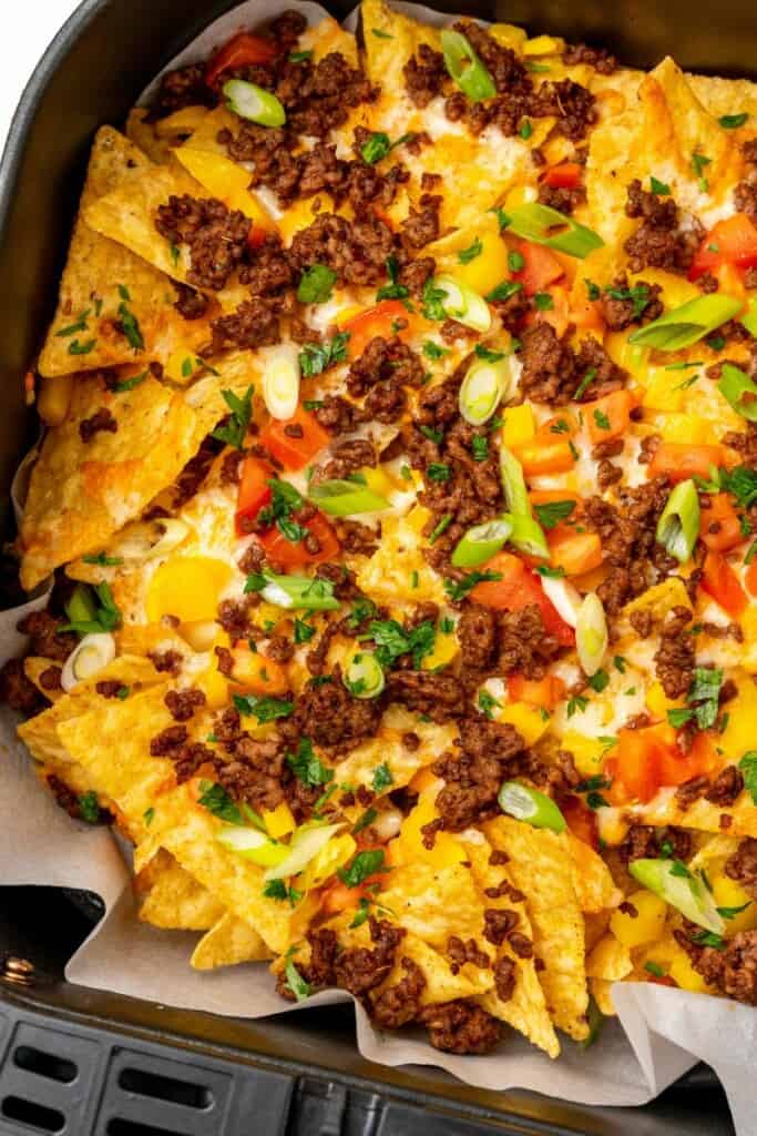 Closeup of air fryer nachos