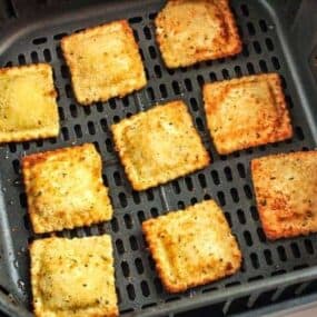 Cooked toasted ravioli in an air fryer