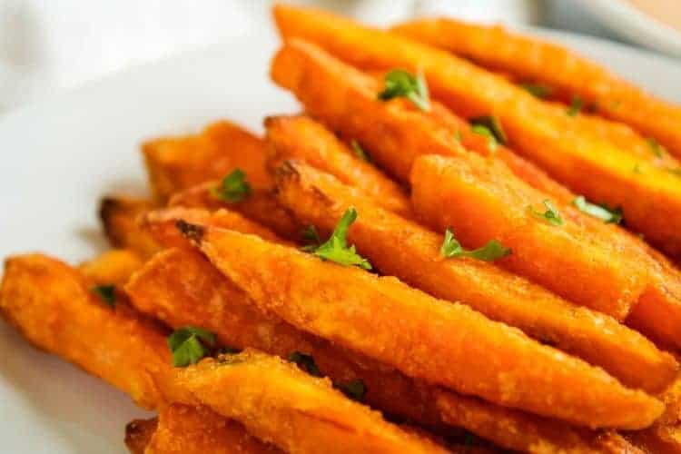 Sweet Potato Fries cooked from frozen on a white plate