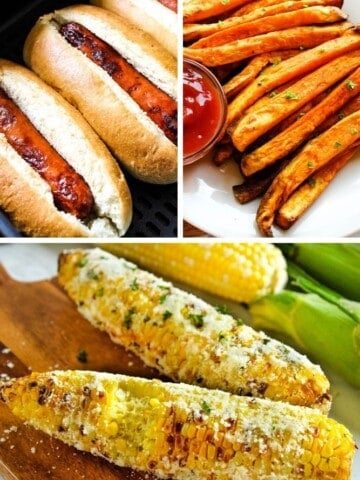 Collage of pictures: air fryer hot dogs in buns on top left, air fryer sweet potato fries on top right, and air fryer corn on the cob with bite taken out on bottom