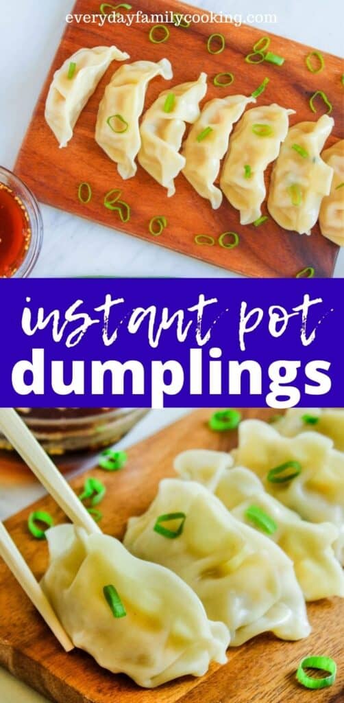 Title and Shown: Instant Pot Dumplings (on a brown cutting board with chopsticks)