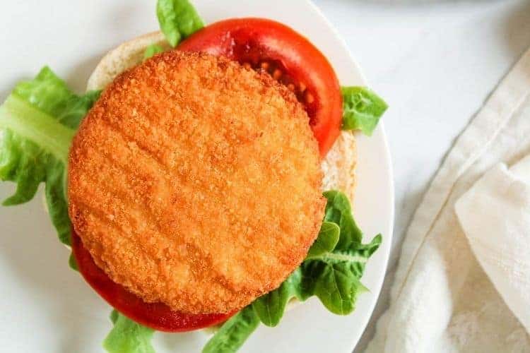 Air Fried Chicken Patty sandwich with top bun off exposing the patty