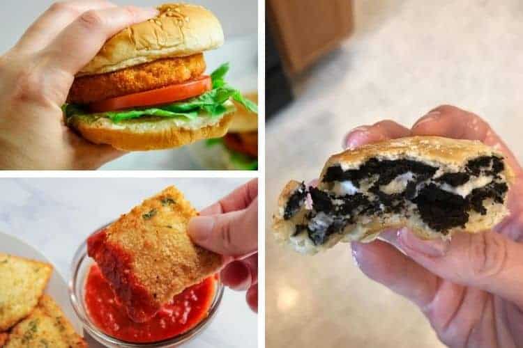 Collage of recipes (chicken patties on top left, fried ravioli on bottom left, and air fried oreos on right