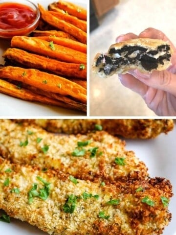 Collage of recipes (sweet potato fries on top left, air fried oreos on top right, and chicken tenders on bottom)