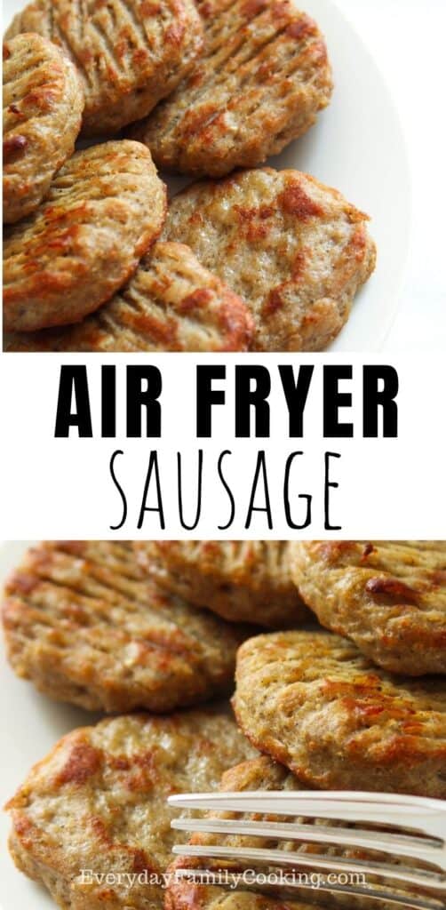 Title and Shown: Air Fryer Sausage (on a white plate and a fork cutting into one patty)