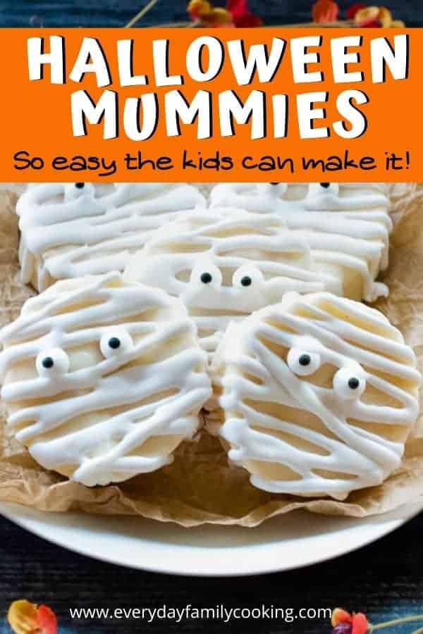 Title and Shown: Halloween Mummies -- so easy the kids can make it! (on a white plate)