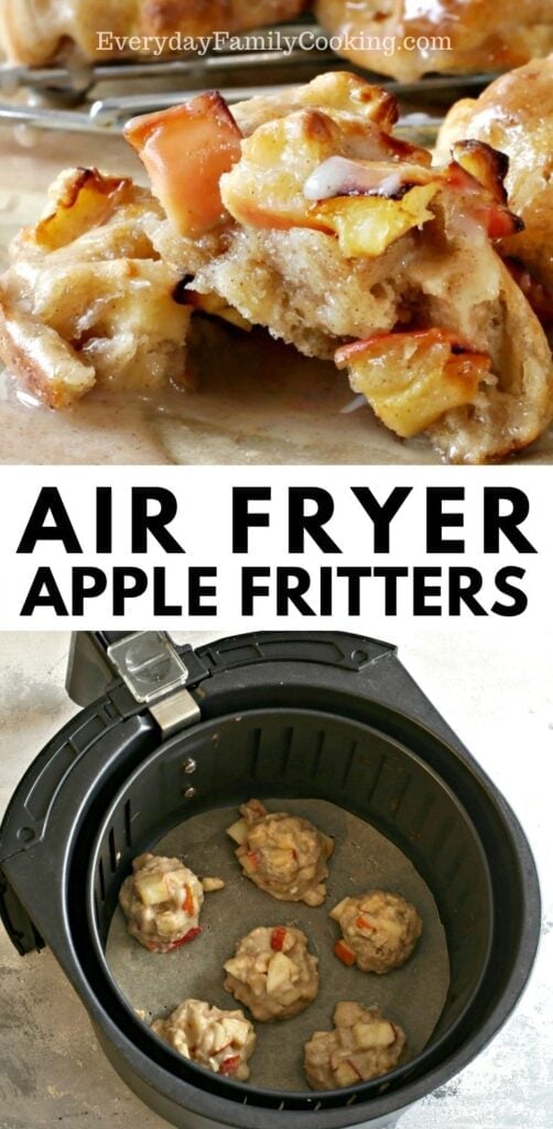 Title and Shown: Air Fryer Apple Fritters (split in half and in air fryer)