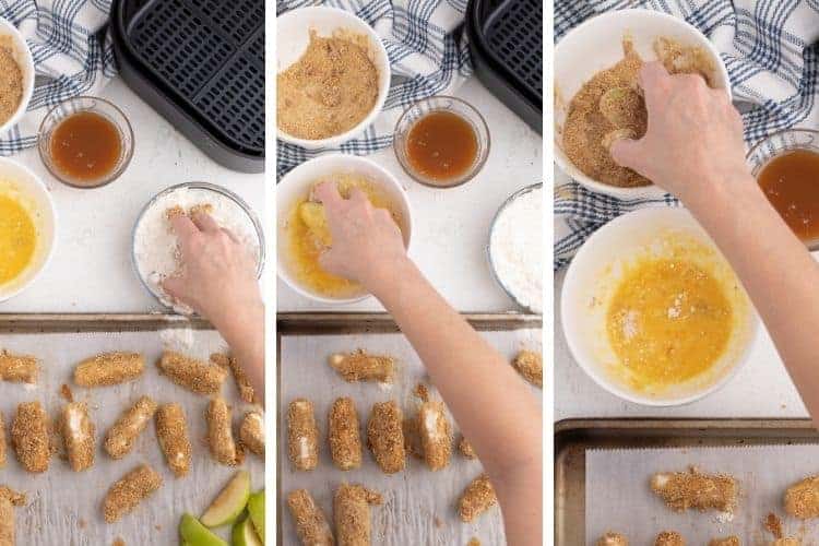 3 images side by side showing the apple slices being dipped in each bowl