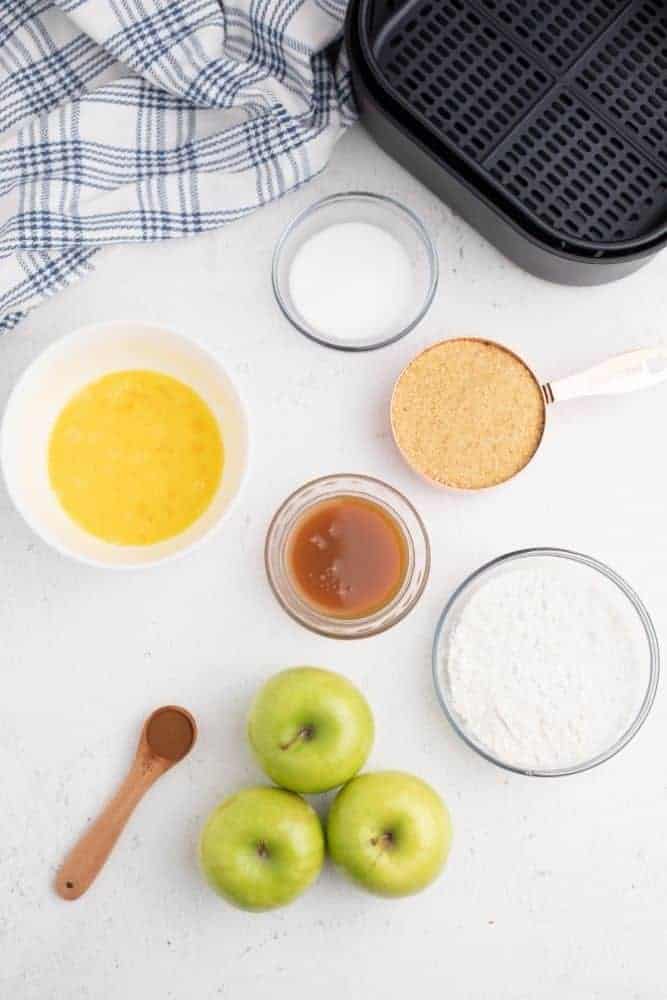 Overhead pictures of ingredients in bowls including an air fryer basket in the corner