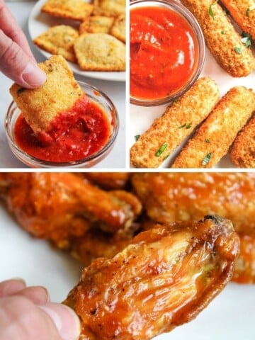 Collage of included recipes (air fried ravioli on top left, mozzarella sticks on top right, and buffalo chicken wings on bottom)
