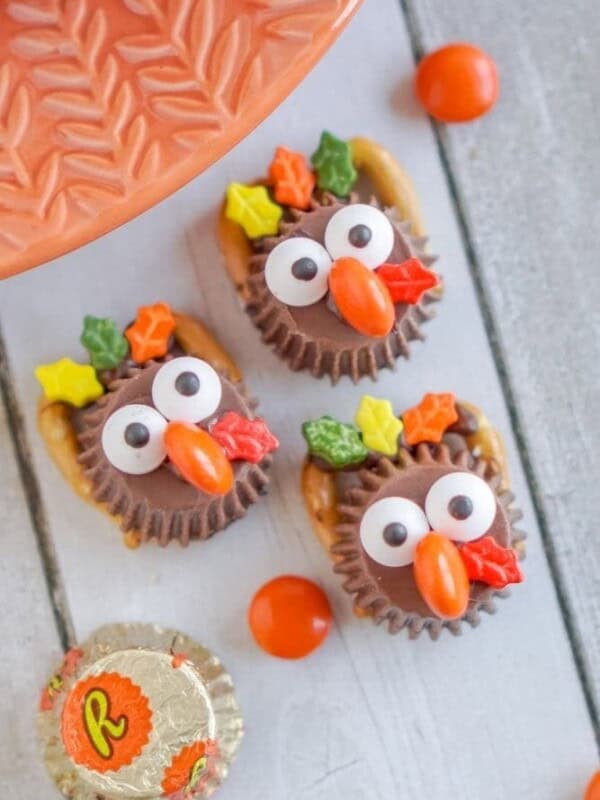 3 Reese's cup turkeys with a wrapped mini Reese's cup next to them